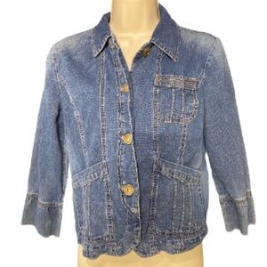 DKNY Jeans Denim  Blue Dungaree Fitted Faded Crop Jacket.